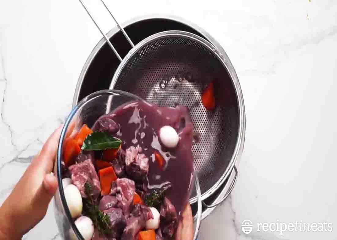 Making the red wine sauce for the beef bourguignon recipe