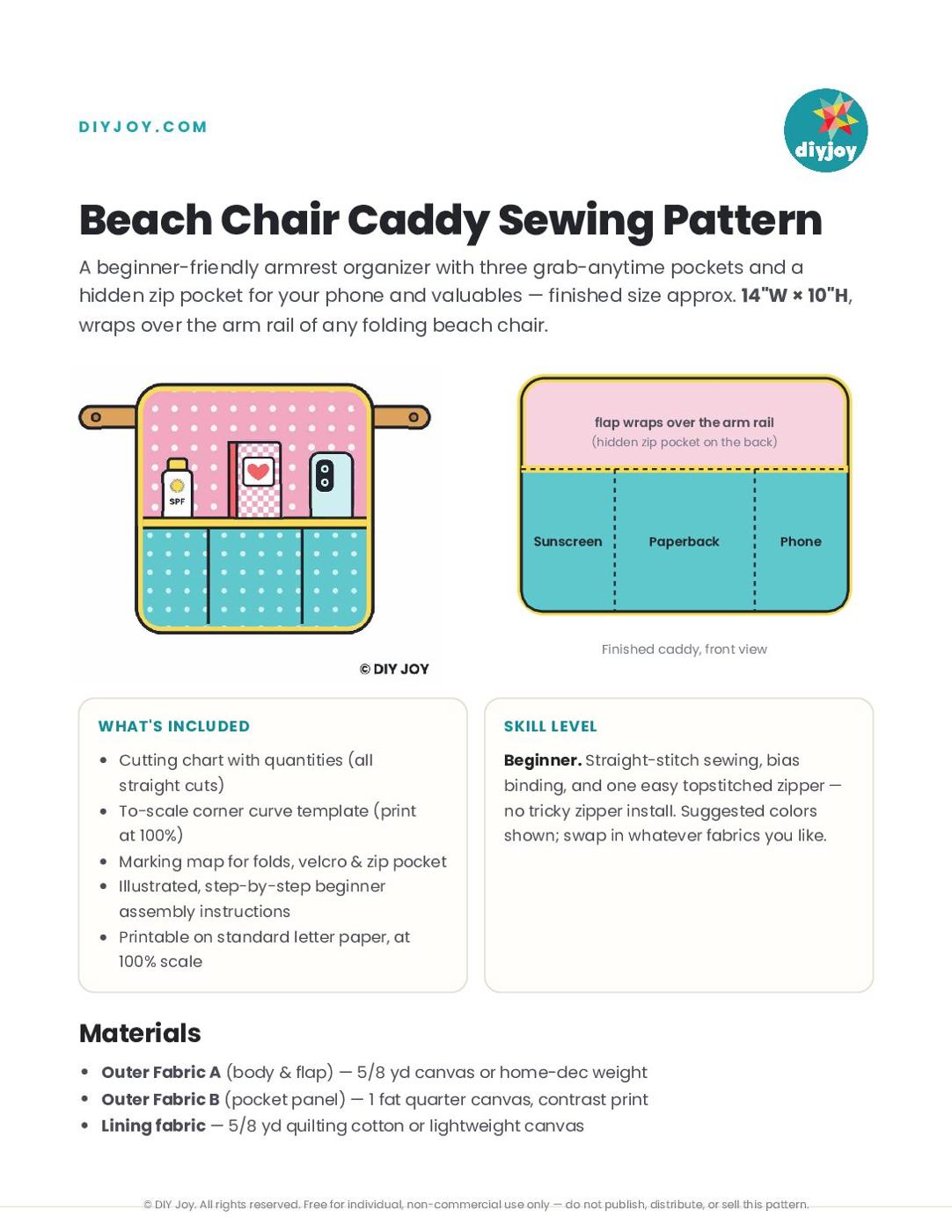 Hanging beach chair caddy craft idea — Beach Chair Caddy Pattern print pdf