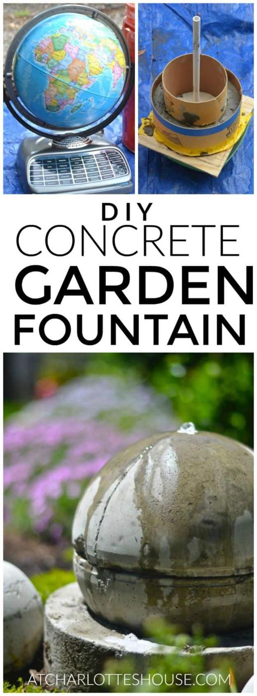 DIY Concrete Garden Fountain collage with a thrift store globe, a cardboard tube mold and a wet sphere