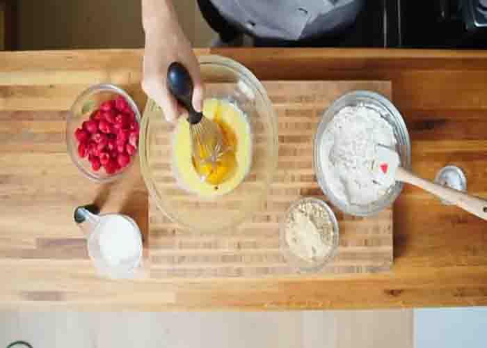 Mixing the wet and dry ingredients for the summer cake recipe