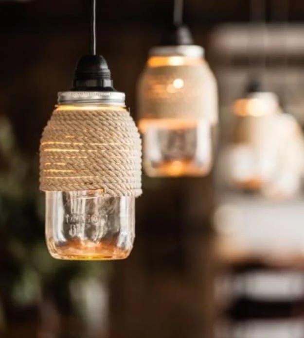 Rope Wrapped Mason Jar Lights, one of the best mason jar lighting ideas on this list and an idea worth saving for later