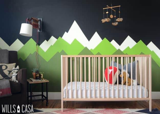 DIY Mountain Mural, a soft, personal touch for the nursery wall and a handmade keepsake for a baby boy's room