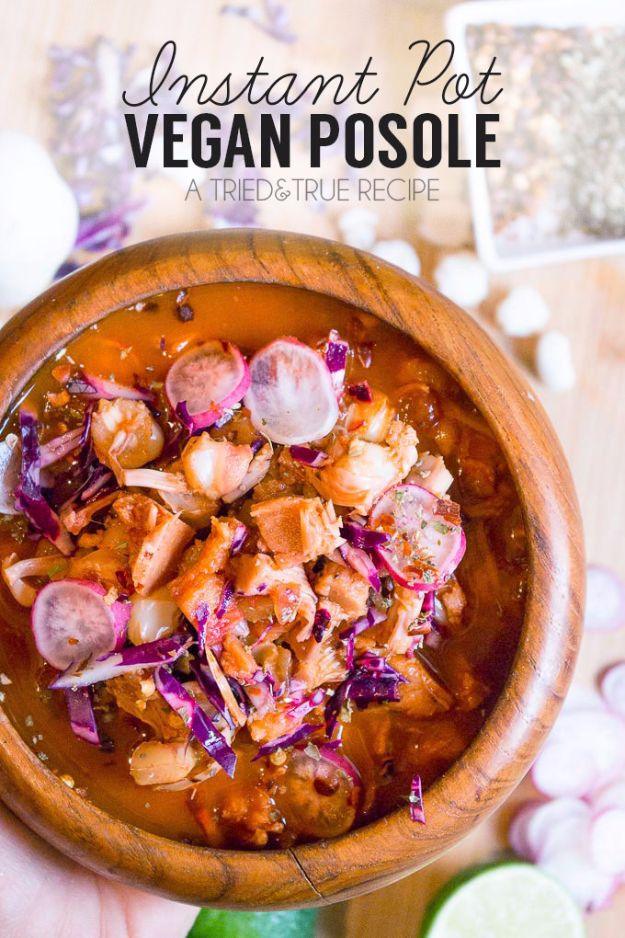 Graphic reading Instant Pot Vegan Posole above a wooden bowl of red posole topped with shredded cabbage and radish