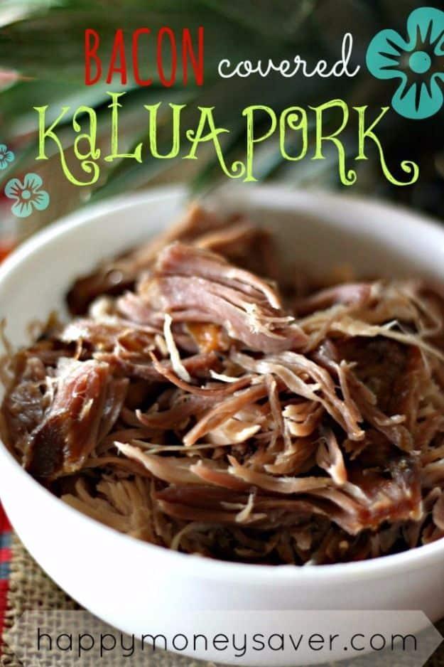Bacon covered kalua pork shredded in a slow cooker, a five ingredient paleo crockpot recipe with bacon