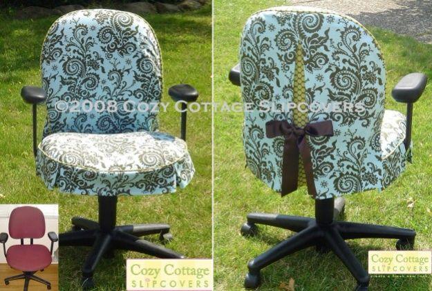 Office chair slipcover graphic showing front and back views of a chair covered in a blue and white floral print