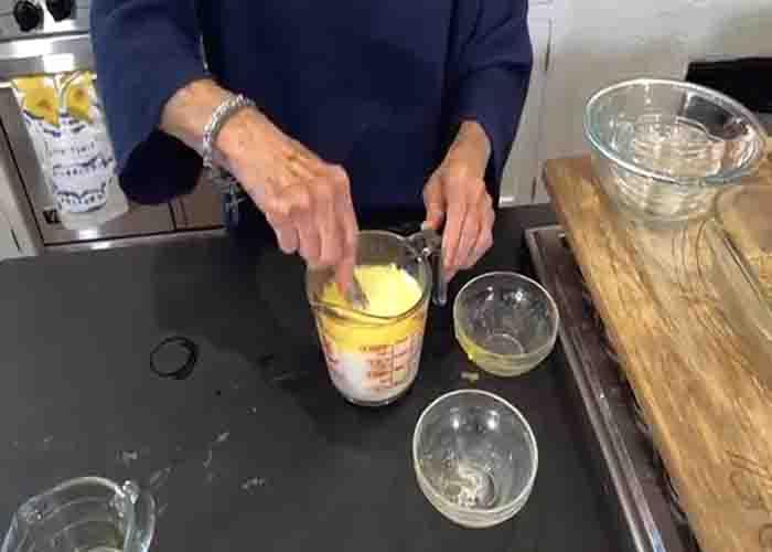 Making the batter for the blueberry cornbread recipe