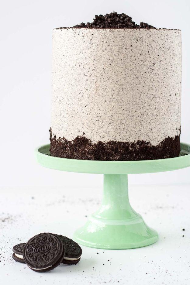 Chocolate Oreo birthday cake with cookies and cream frosting and whole Oreos around the top edge recipe for a celebration