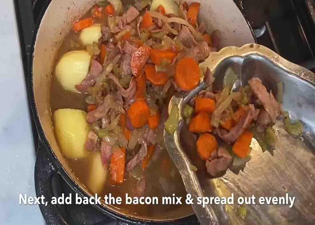 Adding the veggie mixture to the casserole pot
