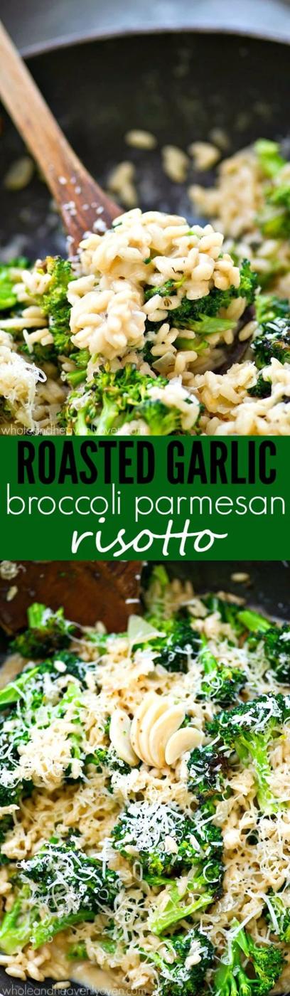 Roasted garlic broccoli parmesan risotto in a skillet with charred florets folded through creamy arborio rice