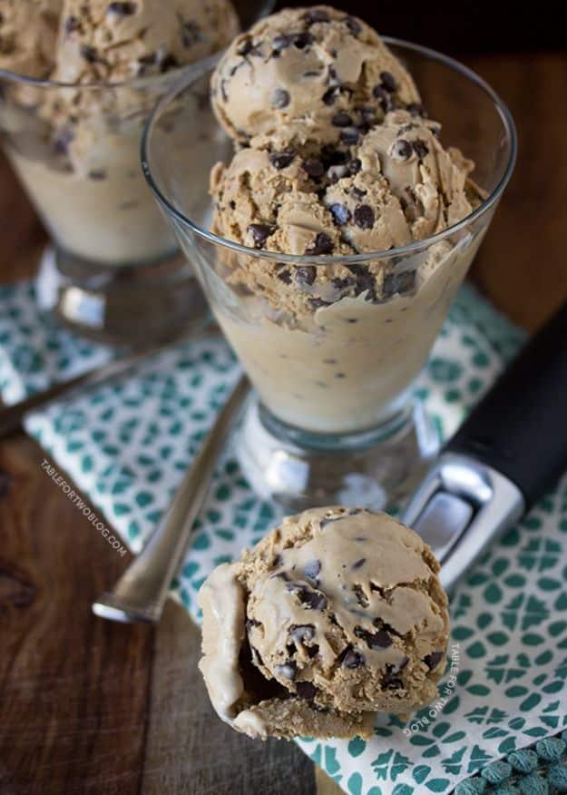 Espresso chocolate chip ice cream with mini chocolate chips scooped into a bowl, a coffee frozen dessert