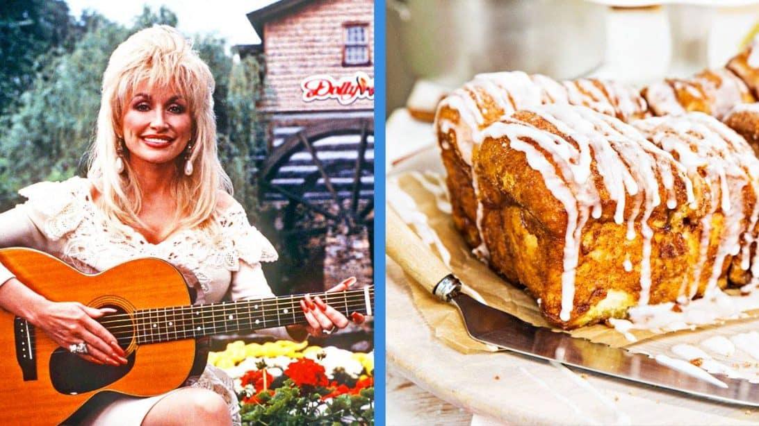 Dolly Parton beside a glazed Dollywood copycat cinnamon bread loaf, a celebrity inspired recipe made at home