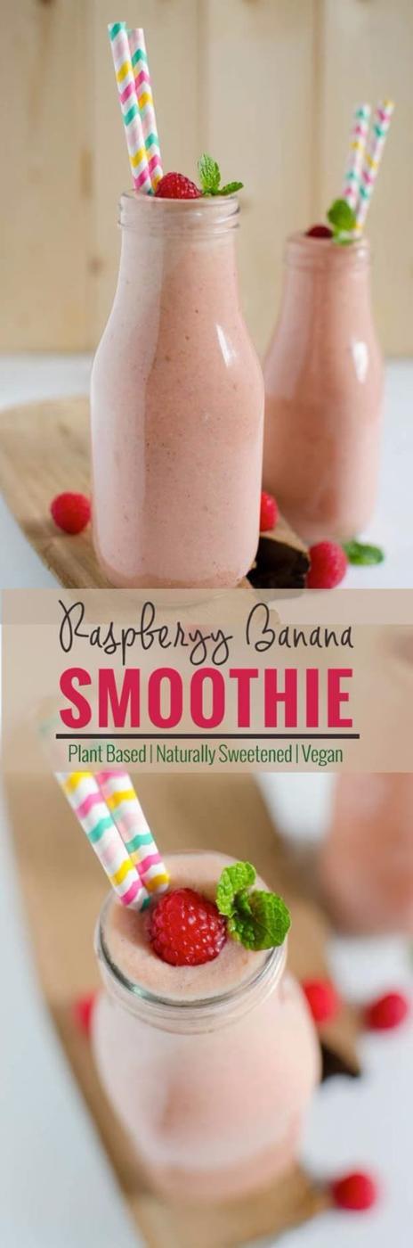 Two bottles of pink raspberry smoothie above a title text band and a second photo of the same smoothie in a jar