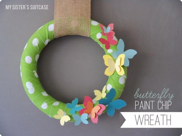 Butterfly Paint Chip Wreath, a colorful upcycled craft, and style that costs a fraction of the retail price