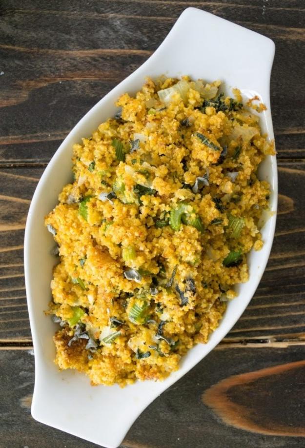 Cornbread, sage and onion stuffing baked uncovered in a small casserole dish with a crisp golden brown top
