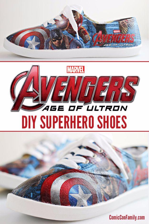 White canvas shoes hand painted with a comic book superhero design, a fun handmade gift idea for him