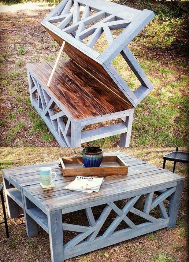 Outdoor convertible coffee table and bench in gray stained wood with X detail ends, shown folded both ways