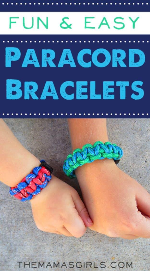 Pin graphic titled Fun and Easy Paracord Bracelets over two children's wrists wearing bright woven bands