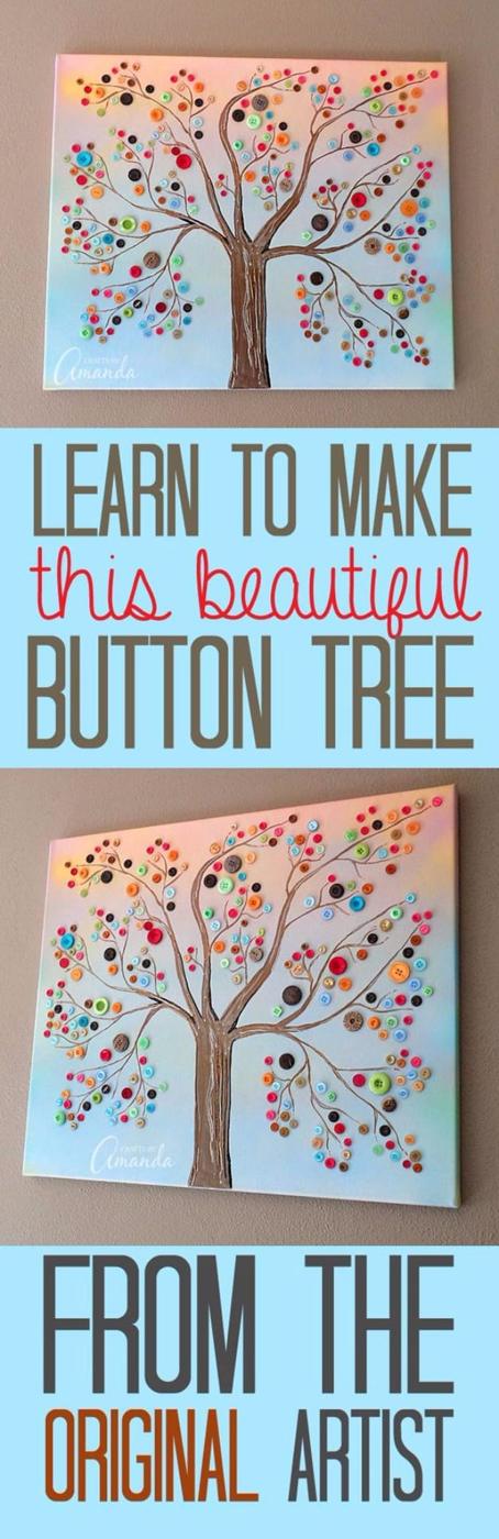 Vibrant button tree on canvas, a collage with typeset banners showing two pastel canvases of button blossom trees