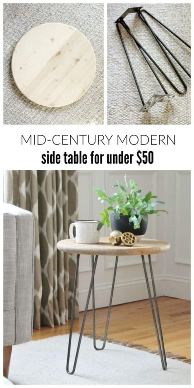 Three panel graphic showing a raw pine round tabletop and black hairpin legs above the finished light wood table