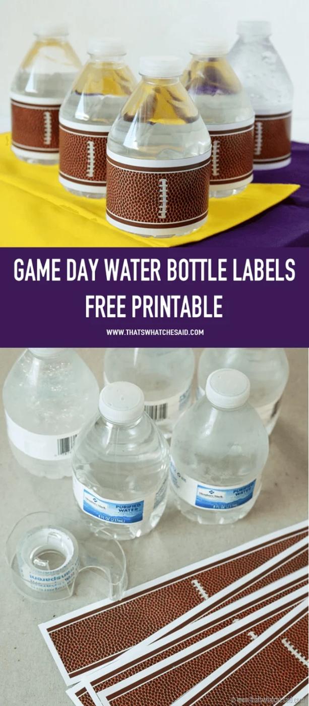 Water bottles wrapped in printed football labels on a purple and gold table, above the uncut printable strips
