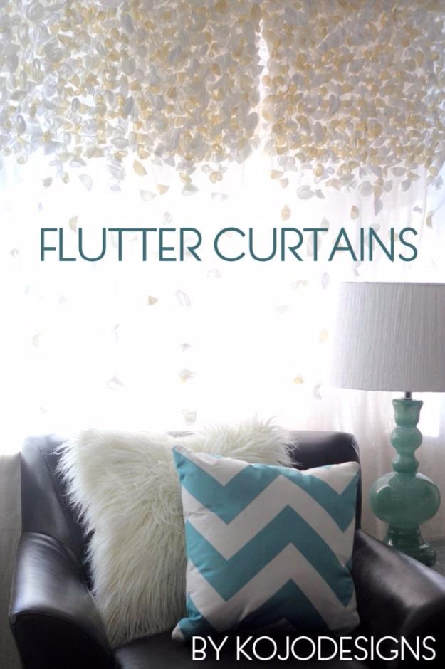 Typeset graphic reading Flutter Curtains over a sheer panel covered in hundreds of small white fabric circles