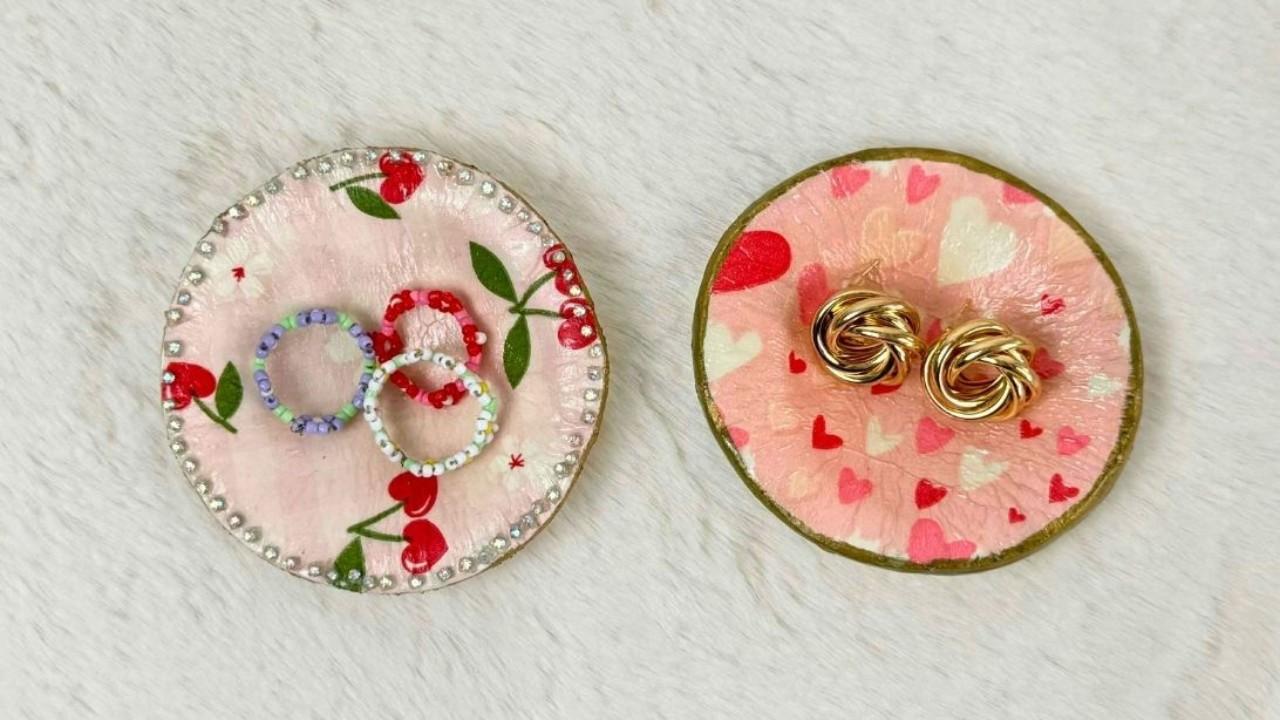 Air dry clay jewelry dish, two round decoupaged dishes with cherry and heart napkin prints, holding gold and silver rings