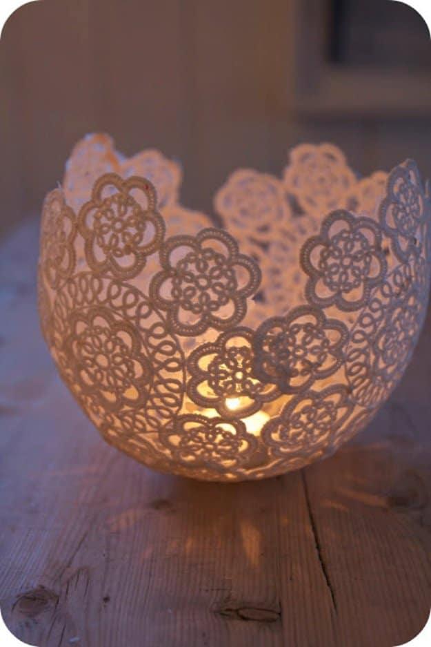 DIY Lace Candle Holder, a project that makes a great weekend activity and one of the more clever picks on this list