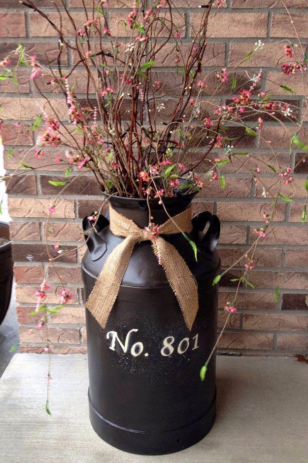DIY Porch and Patio Ideas - Flower and Branch Milk Can Decoration - Decor Projects and Furniture Tutorials You Can Build for the Outdoors - Lights and Lighting, Mason Jar Crafts, R