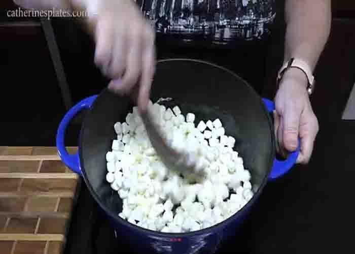 Melting the marshmallows for the rice krispie treats
