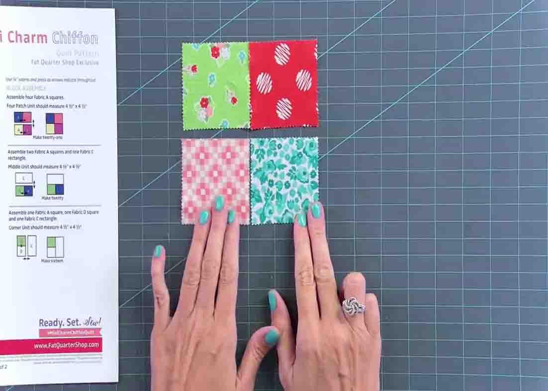 Assembling the first unit for the mini charm chiffon quilt