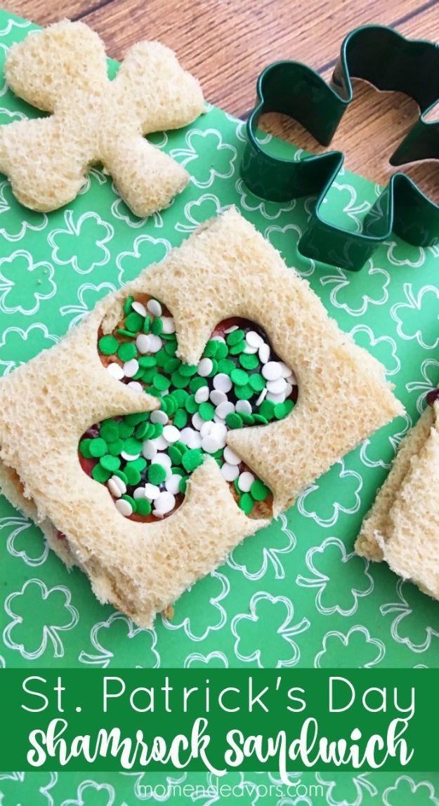 Shamrock sandwich graphic, white bread with a shamrock cut out and filled with green and white sprinkles