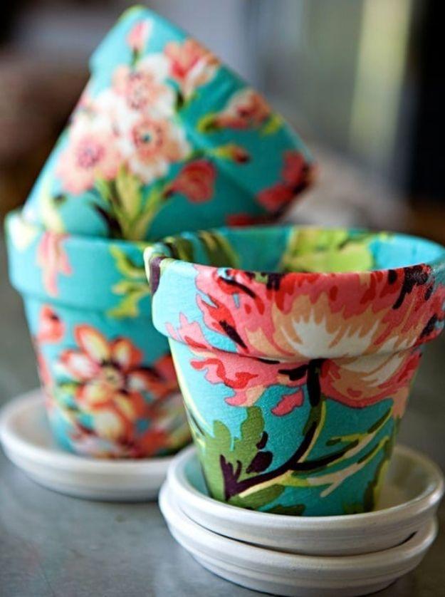 DIY Ideas for Clay Pots - Fabric Decoupaged Terra Cotta Flower Pot - Cute Gardening Projects Tutorials for Decorating Pots - Pretty Rustic and Farmhouse Planters for Cheap Home Dec