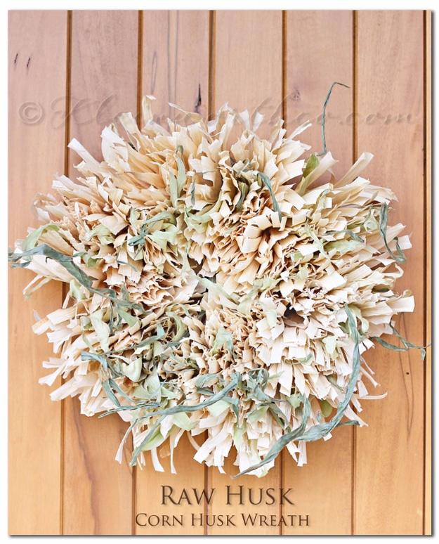 Corn husk wreath with the husks fanned for depth and dried to a pale gold, a natural autumn door wreath