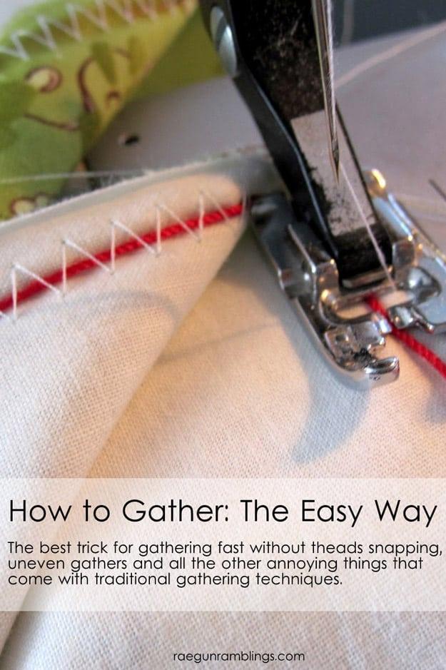 Gather the easy way, a sewing machine foot zigzagging over a red cord laid on cream fabric to gather it