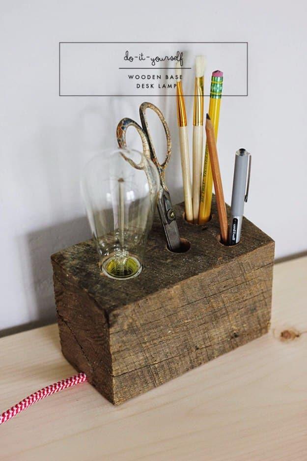 Wooden Base Desk Lamp, a smarter workspace upgrade, budget friendly using stuff already sitting in a bin