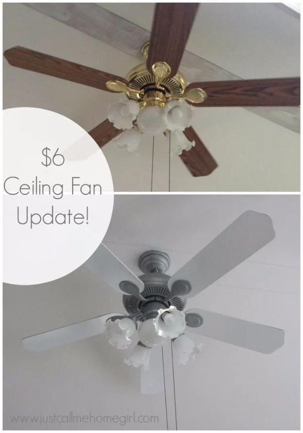 Ceiling fan before and after a spray paint update, dark oak blades and brass housing changed to white blades and gray