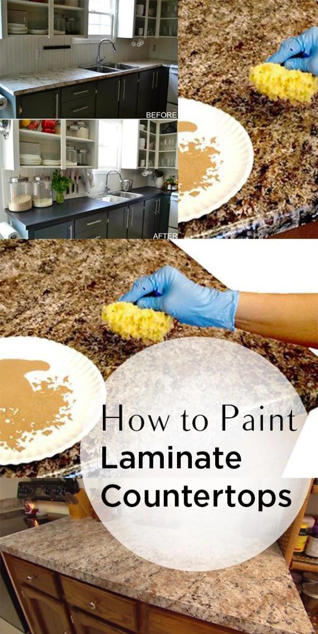 Painting hack for countertops, a gloved hand sponging mineral paint onto laminate counters for a granite look