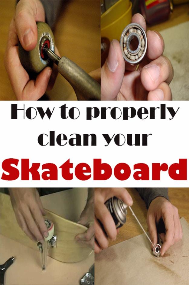 Four step photo guide to cleaning a skateboard, showing hands removing bearings and rinsing them over a sink