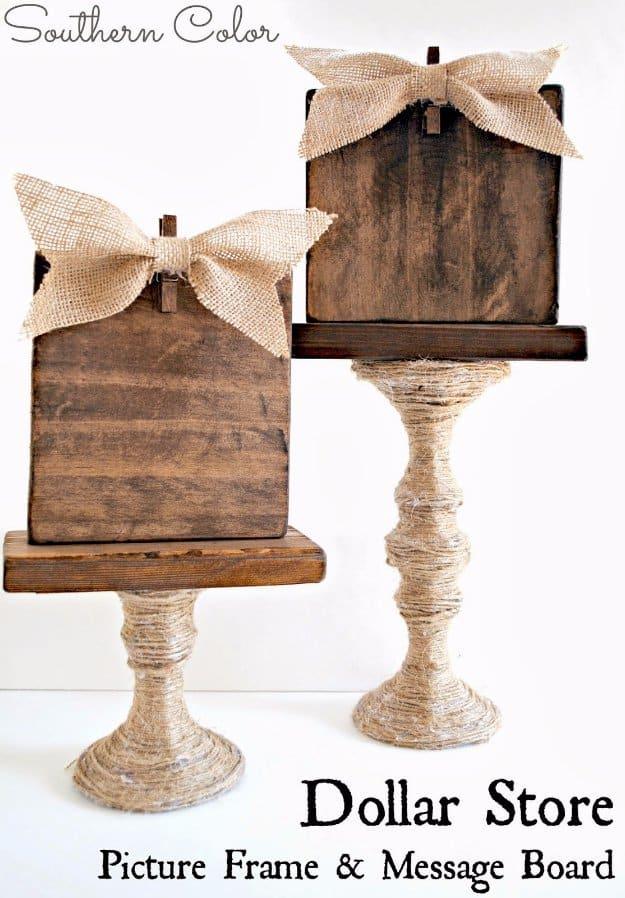 Dollar store picture frame and message board glued together from candlesticks, a Dollar Store Challenge craft win