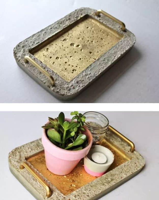 DIY Projects With Concrete - DIY Gold Concrete Serving Tray - Easy Home Decor and Cheap Crafts Made With Cement - Ideas for DIY Christmas Gifts, Outdoor Decorations