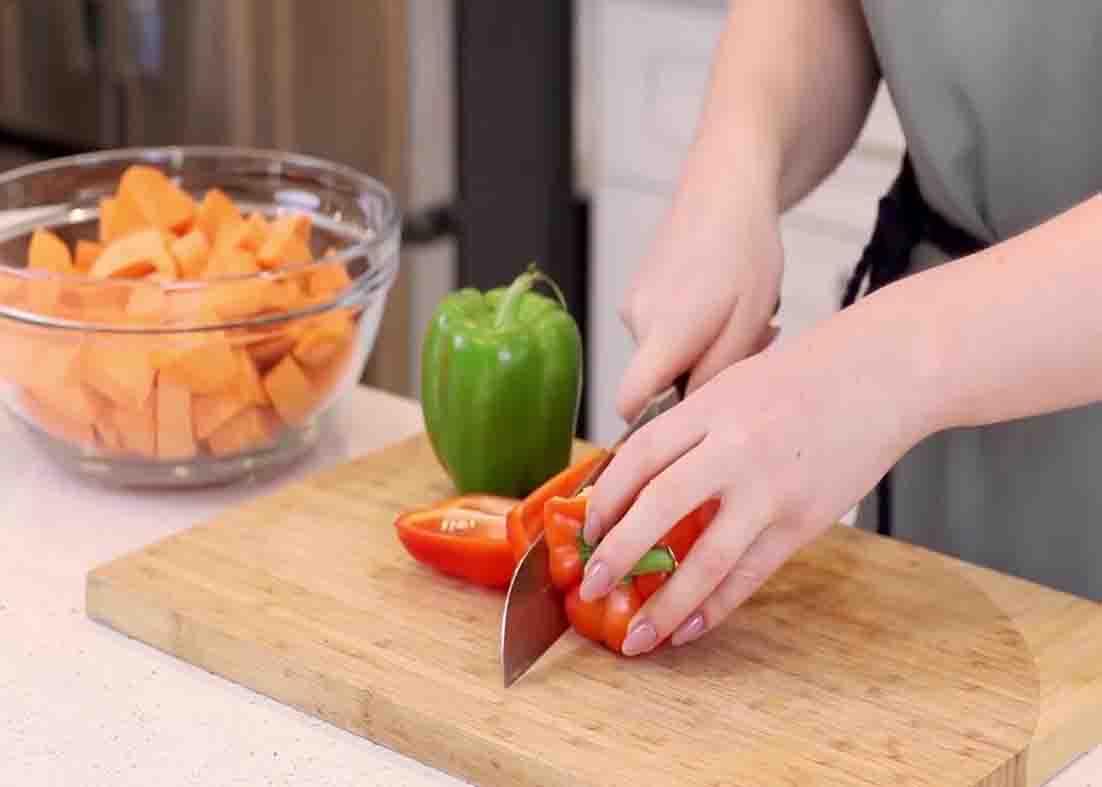 Chopping the veggies for the pork and sweet potato casserole