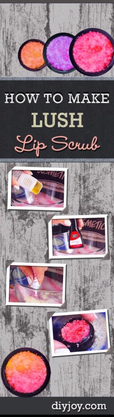 DIY Lush lip scrub, three pots of pink coral and berry sugar scrub above a panel of small step photos