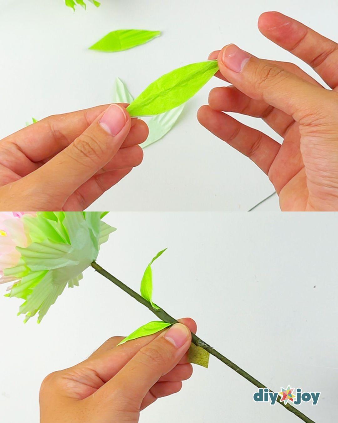 Paper Flower Bouquet Using Cupcake Liners — gluing the leaves