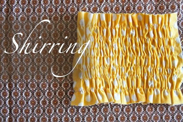 How to use elastic thread, a yellow and white polka dot square shirred in tight rows, laid on a brown floral cloth