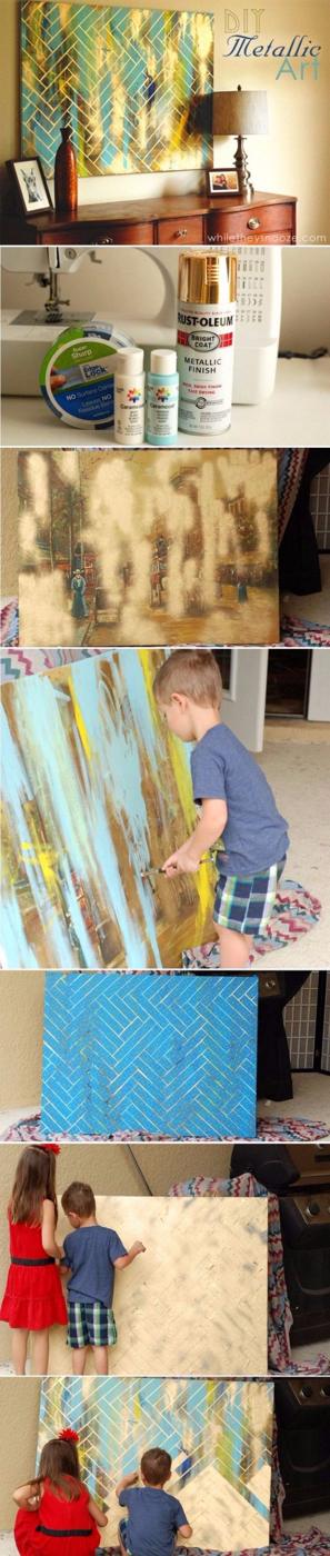 DIY Canvas Painting Ideas - DIY Herringbone Metallic Artwork - Cool and Easy Wall Art Ideas You Can Make On A Budget #painting #diyart #diygifts