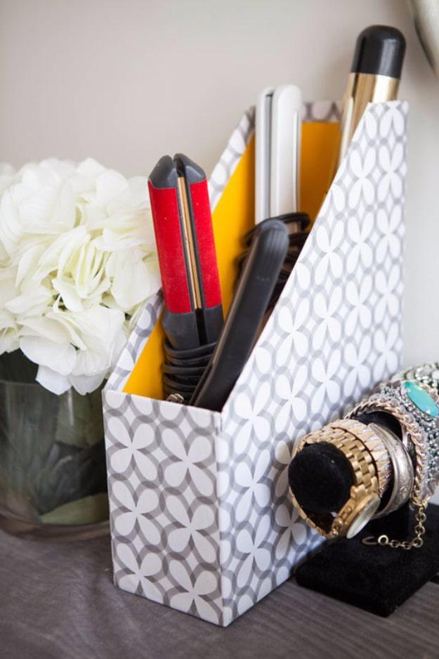 Decorative Magazine Holder Hot Tools Storage, a popular choice on this list and a simple fix for a cluttered space