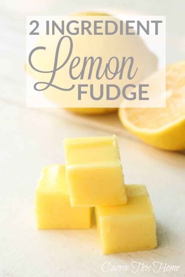 2 ingredient lemon fudge cut into small squares on parchment paper, an easy two ingredient dessert idea