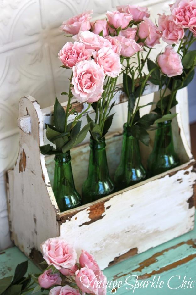 Shabby Chic Decor and Bedding Ideas - Pink Roses In Bottles - Rustic and Romantic Vintage Bedroom, Living Room and Kitchen Country Cottage Furniture and Home Decor Ideas. Step by S