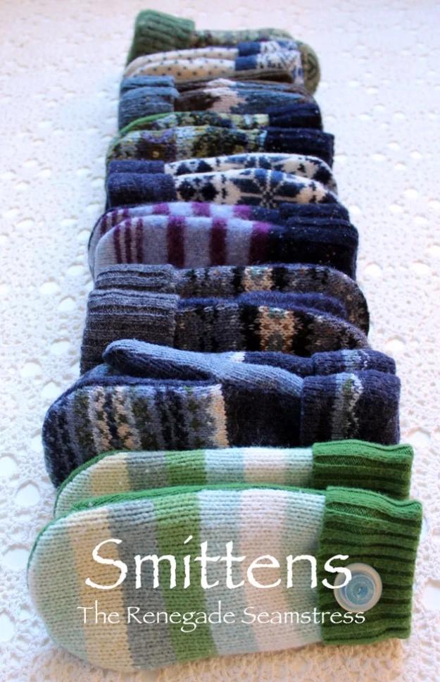 Old sweater sewn into a pair of mittens for a cozy upcycled gift that reuses fabric already on hand for the whole family