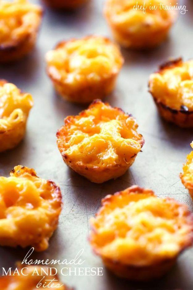 Typeset pin graphic, words at bottom left, over golden baked mac and cheese bites on a metal baking sheet